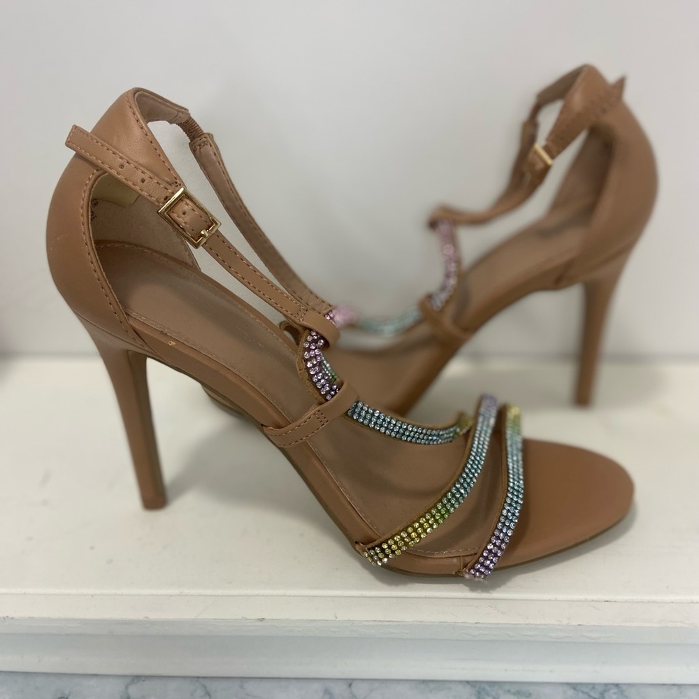 Elegant Brown Strappy Heels with Rainbow Accents